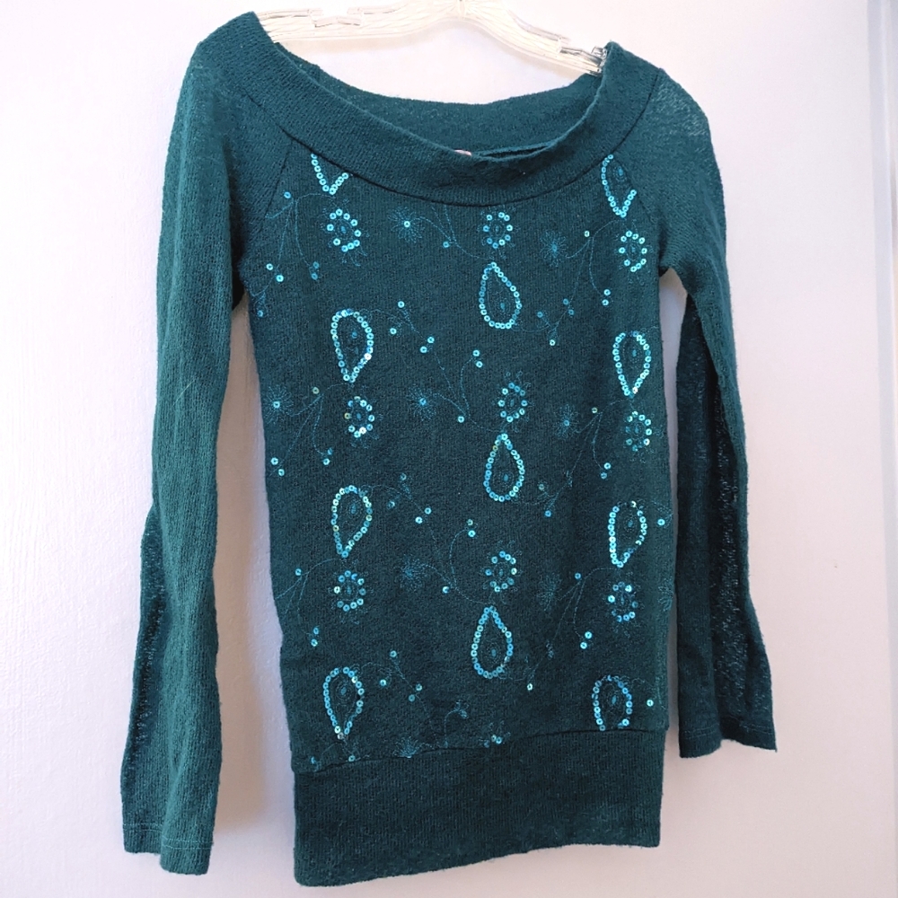 Worthless Sweater or Sheer Top. Teal and Sequins! Women's XS or juniors L?